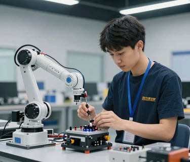 A focused shot of a young adult in a high-tech North American vocational workshop working with advanced robotics and diagnostic tools, soft overhead lighting in a steel blue and white environment.