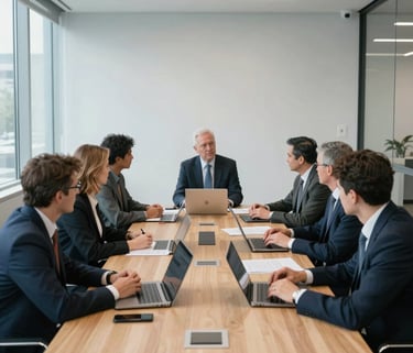 A professional wide shot of a modern philanthropic board meeting in a bright, airy North American office. Executives are engaged in a strategic discussion around a large light wood table with documents and laptops. The atmosphere is authoritative yet collaborative, with soft morning light and cool blue tones reflected in the minimalist decor.