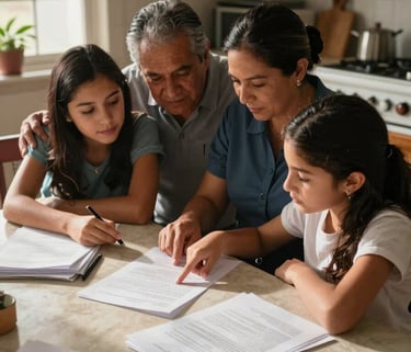 Wide medium shot from slightly above, a Mexican family of three seated at a modest kitchen table under warm north-facing window light, father and mother leaning in toward a printed document while their teenage daughter points at a line on the page, afternoon sun casting soft shadows across the table surface, stacks of papers and a pen visible, no eye contact with camera