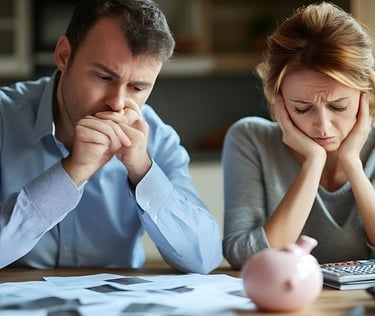imagem de um casal preocupado com suas finanças.