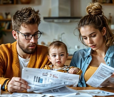 imagem de uma família pai, mãe e fliho aprendendo sobre como economizar desde cedo.
