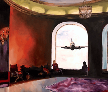 a painting of a room with big window and plane flying over a room