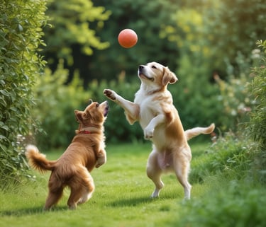 An assortment of pet toys and accessories arranged on a white background. Items include a rope chew toy, a blue feeding bowl filled with kibble, an orange football-shaped toy, a green spiky toy, a small rubber ball, a pair of grooming tools, and a colorful rubber knot ball.