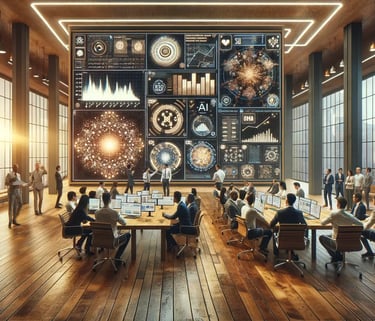 Oficina moderna con gran panel de datos y gráficos sobre inteligencia artificial con profesionales trabajando