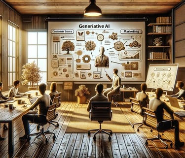 Reunión de sala de juntas discutiendo inteligencia artificial generativa con ayudas visuales