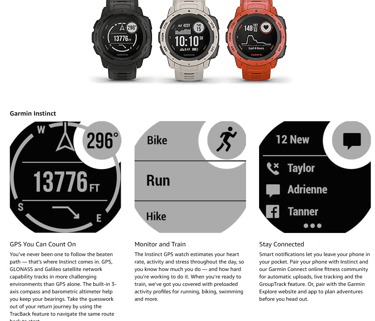 Wrist wearing the Garmin Instinct Solar rugged smartwatch, displaying its outdoor interface