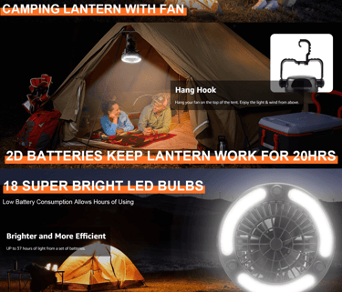 Odoland Camping Lantern with Fan providing light and cooling in a tent