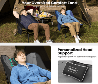 campers using OuterSpa chair while camping next to sun cover, food and campsite table