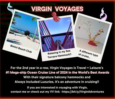 An ad for Virgin Voyages showing photos from my personal cruise