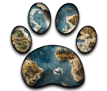 Paw print cut-out of stylized world map. Art by ai&me