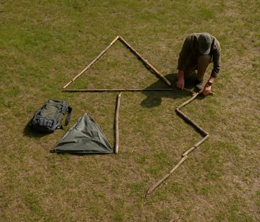 Person arranging sticks into survival symbol with tarp and gear laid out on grass
