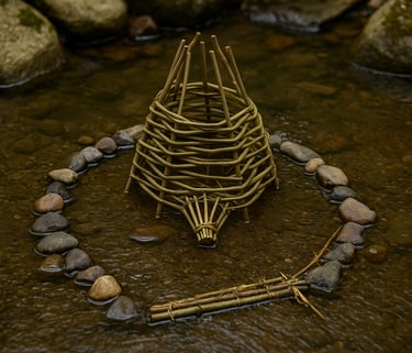 Handmade fish funnel trap secured with stones in stream showing primitive bushcraft fishing techniques in the wild