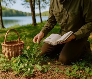Forager kneeling by lake identifying edible wild plants with guidebook and woven basket