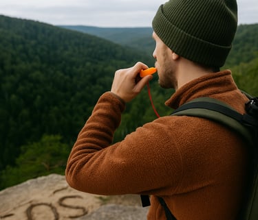 Hiker blowing emergency whistle on ridge overlooking forest with SOS rocks below