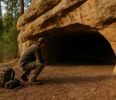 Explorer crouched at the entrance of natural cave shelter in wilderness