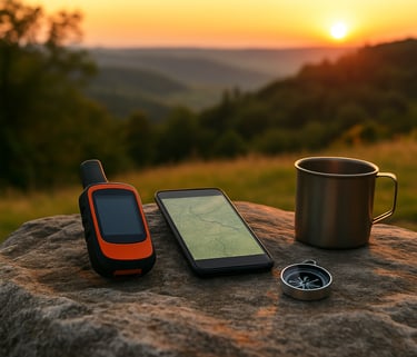 GPS device compass phone and metal mug on rock at sunset during wilderness camp