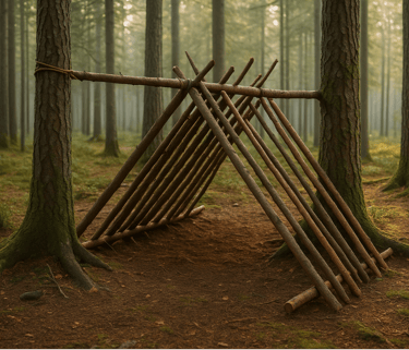 Lean-to shelter frame with vertical logs in forest clearing for bushcraft survival and primitive skills
