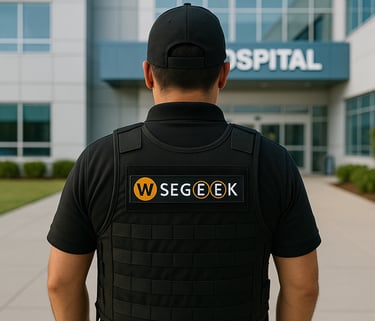 Guardia de seguridad privada frente a hospital - vigilancia profesional
