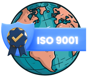 a world map and the ISO 9001 title in front of it 