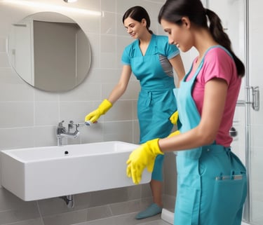 Two window cleaners are suspended by ropes, working on cleaning the glass windows of a tall building. Each cleaner is equipped with tools and a bucket, skillfully moving along the facade with safety harnesses. The building features reflective blue-tinted glass panels, creating a striking geometric pattern.