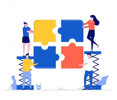 people working on a puzzle piece of puzzle pieces.