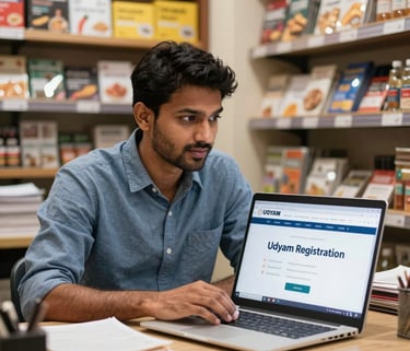 A young Indian man uses a laptop to complete Udyam Registration, with a bookshelf in the background, promoting