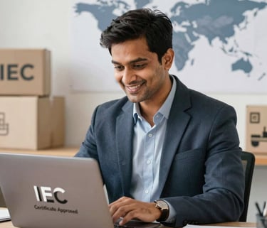 A businessman works on a laptop with an IEC certificate approved logo in a global shipping office.