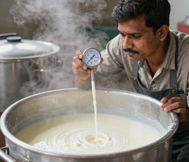 A dairy worker checks the temperature of steaming milk in a large stainless steel vat using a probe thermometer.