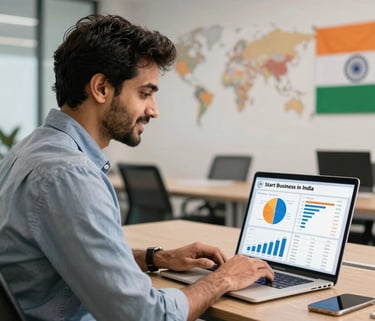 An entrepreneur analyzing data on a laptop to start a business in India in a modern office.