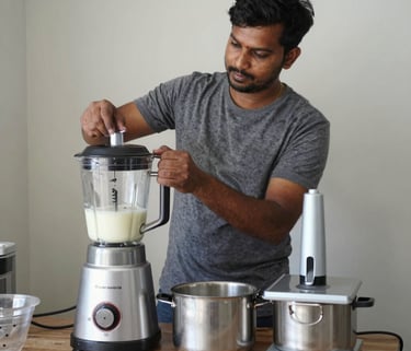 A man uses a high-speed silver kitchen blender to mix a white smoothie next to a professional food processor.
