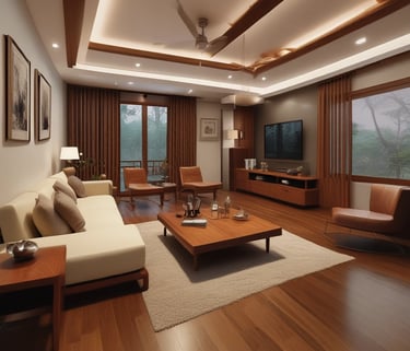 A collection of solid wood products including planks and furniture pieces.