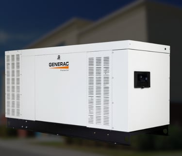 Commercial Generac standby generator with a blurred store front image in the background