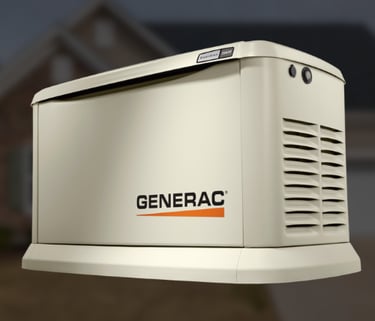 Home generac standby generator with a blurred image of a house in the background