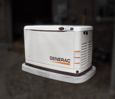 A home generac standby generator for service with a blurred house-work area image in the background