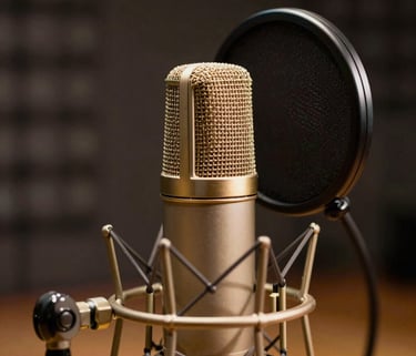 A close-up photograph of a professional studio microphone with a gold pop filter in a dark, sophisticated radio studio. Warm gold lighting accents the sleek equipment. Mexican / Latin American setting.