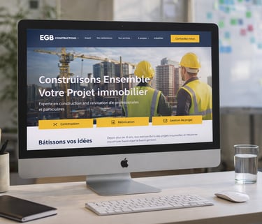 Photo d’un iMac sur un bureau affichant la page d’accueil du site “EGB Constructions”