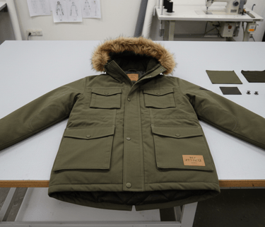 An olive green parka with a faux-fur hood laid flat on a professional cutting table.