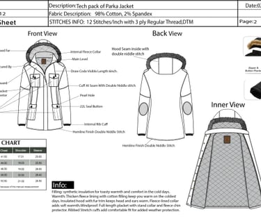 Detailed garment technical sheet showing front, back, and inner views with fabric specifications and