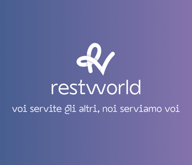 Restworld logo and slogan on a blue and purple gradient background for hospitality job recruitment.