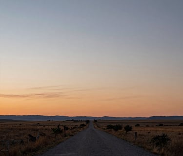 Photography of a serene landscape in the US at dawn, soft orange and blue sky, representing a new beginning and stable pathways toward hope.