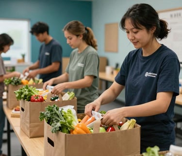 A professional, warm photograph in a North American / US community center where volunteers are organizing neatly packed food hampers with fresh produce. The lighting is soft and optimistic, featuring deep teal and light blue accents in the background.