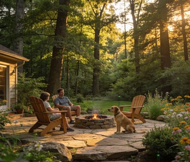 Riverwoods IL family in a wooded lawn treated by Evergreen Organic Mosquito Control