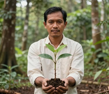 A professional Southeast Asian / Indonesian environmentalist holding a young tree sapling ready for planting in a sun-drenched reforestation area, forest green and off-white tones.