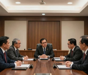 Professional photography of an Indonesian court building or a formal meeting room where legal experts discuss forestry law, dignified and serious atmosphere.
