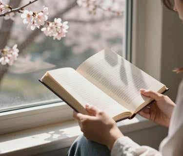 A peaceful scene of a person's hands holding a book in a sunlit room with cherry blossoms visible through a window, International / English-speaking professional context.