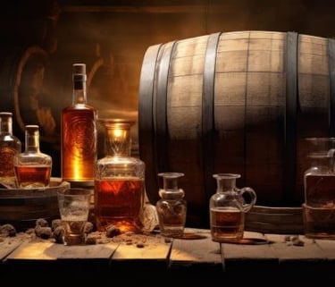 Aged whiskey bottles and glass decanters on a rustic wooden table with vintage oak barrels.
