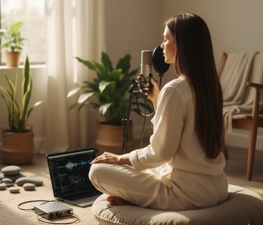 Donna mora di spalle seduta su cuscino che registra audio di meditazione