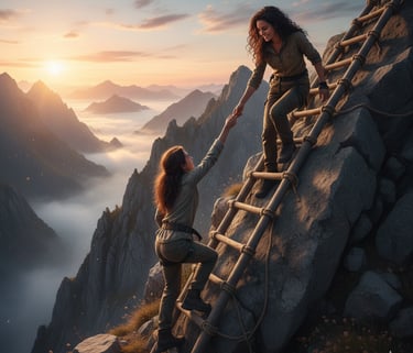 Due donne su una scala per scalare una montagna, una aiuta l'altra tenendola per mano