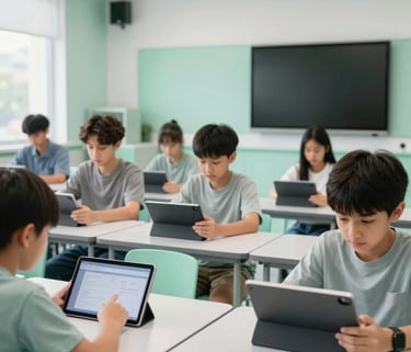 A focused shot of a modern digital classroom in a North American setting, featuring clean lines, light mint green accents, and students engaging with tablets for knowledge advancement, professional lighting.
