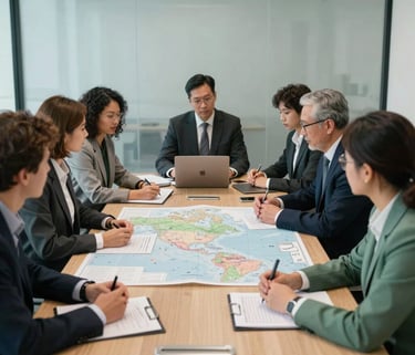 A collaborative meeting of diverse professionals in a glass-walled boardroom, focused on a map and planning documents, North American / International business context, Mist White and Deep Sage Green tones.